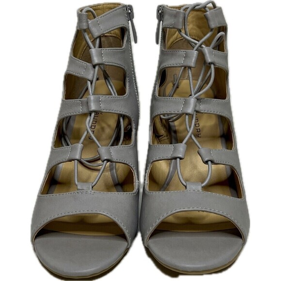 CL By Laundry Gray Lace Up Peep Toe Block Heel Sandals With Zip Closure Size 7M - Picture 2 of 9